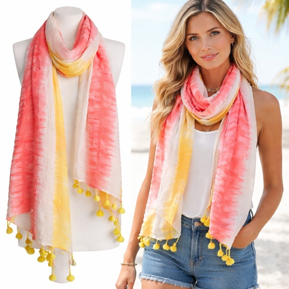 Rebecca Minkoff | Pink Yellow Tie-Dye Tassel Scarf | Lightweight Boho | One Size